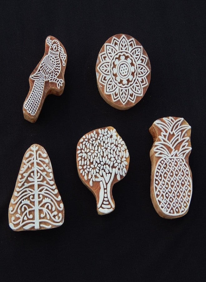 ecofynd Wood Block Stamps (Pack of 5), Wooden Blocks for Block Printing Stamp Set, Artistic Shapes Craft Kids Saree Border DIY Henna Fabric Textile Paper Clay Pottery Hand-Carved (BLOCK019) - Image 1